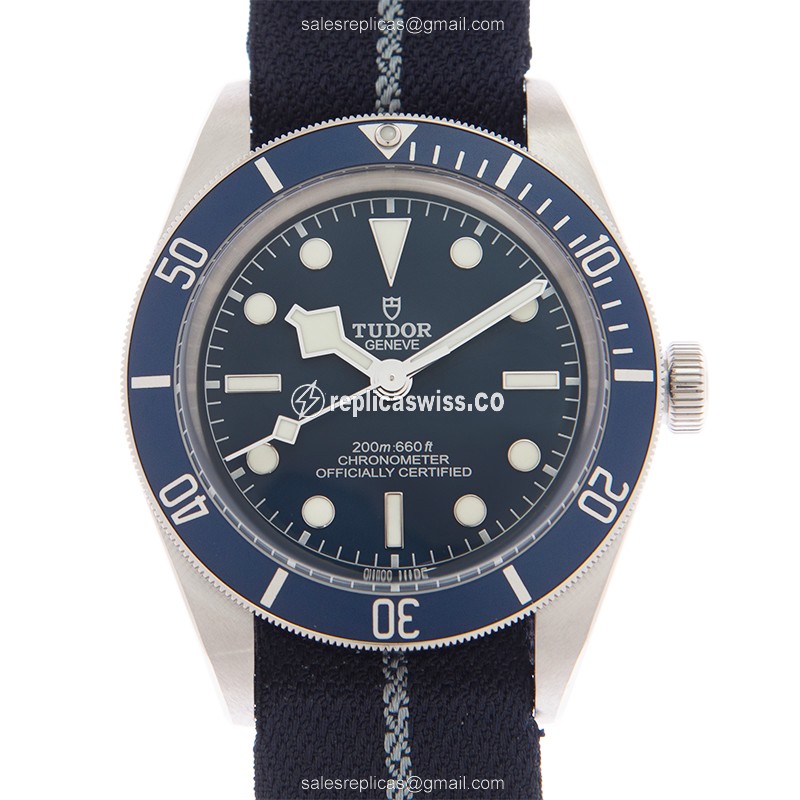 Elegant Tudor Black Bay 1958 Replica, Automatic Movement, Stainless Steel Case, Blue Canvas Strap