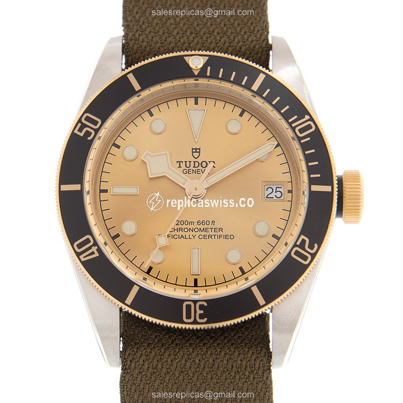 Elegant Tudor Black Bay 79733NCH-CS Automatic Watch | 18kt Gold Case, Green Canvas Strap
