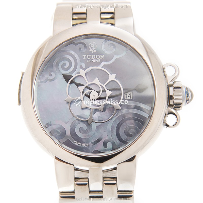 Elegant Tudor Clair De Rose Replica in Steel, Automatic Movement, Blue Dial, Silver Strap Watch