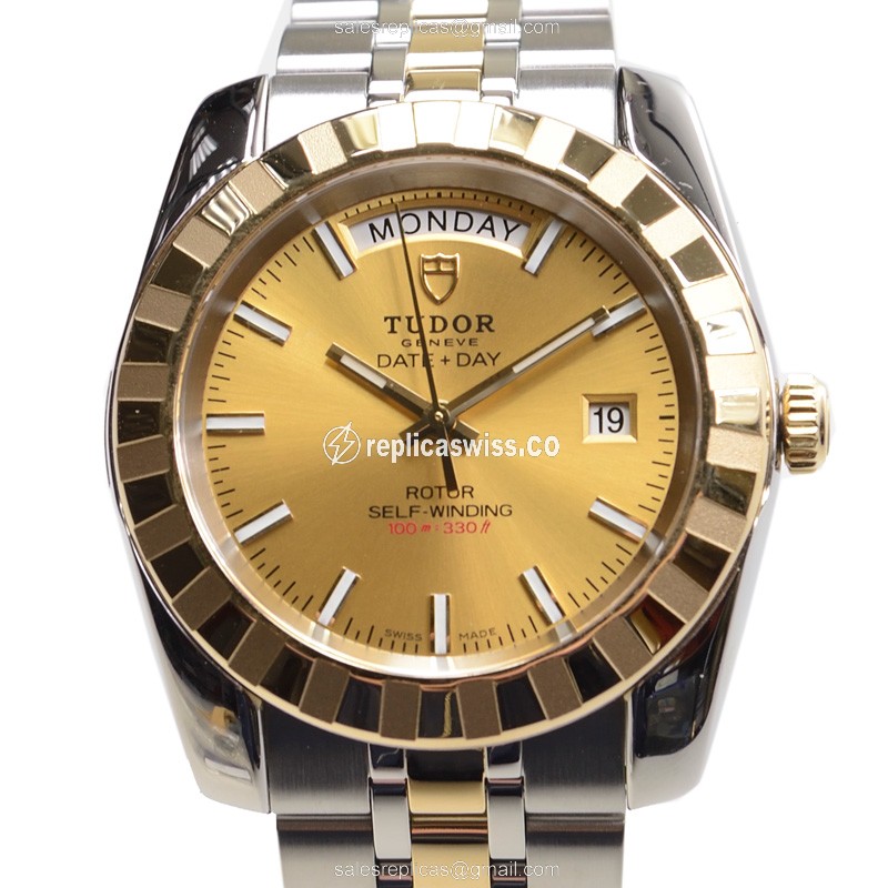 Elegant Tudor Classic 23013-62113-CH Automatic Watch, 18kt Gold & Silver Steel Case