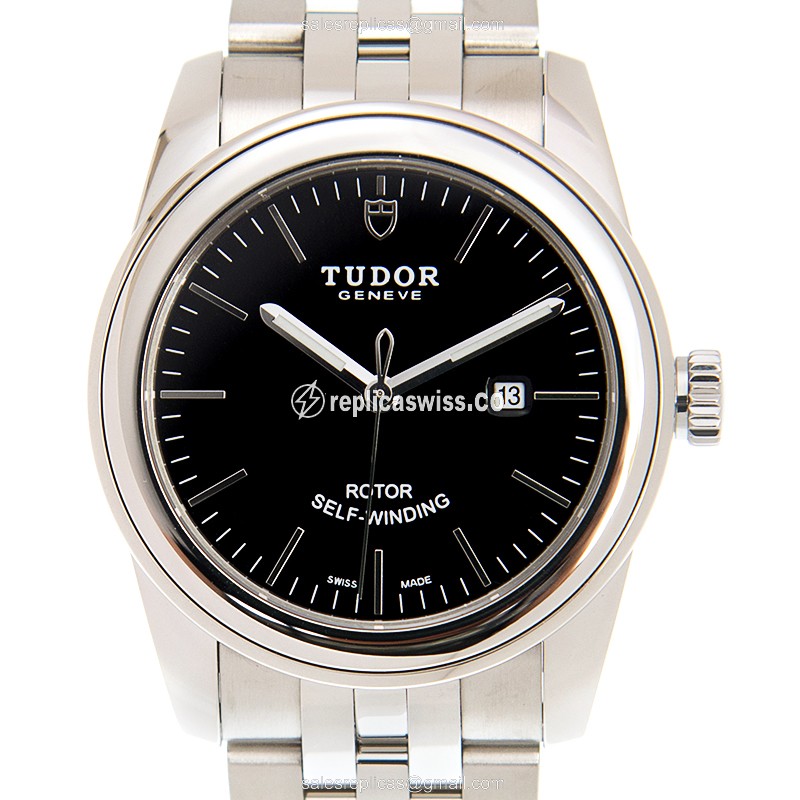 Elegant Tudor Glamour Date Replica, Automatic Movement, Black Dial & Stainless Steel Case Watch