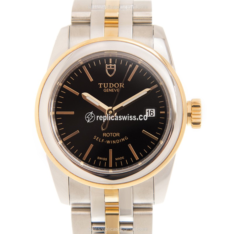 Elegant Tudor Glamour Date Replica, Black Dial & 18kt Gold Stainless Steel Case, Automatic Movement