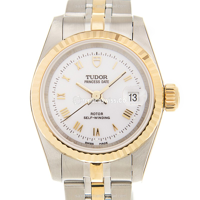 Elegant Tudor Princess Date Replica in White Dial & 18kt Gold Steel Case Watch