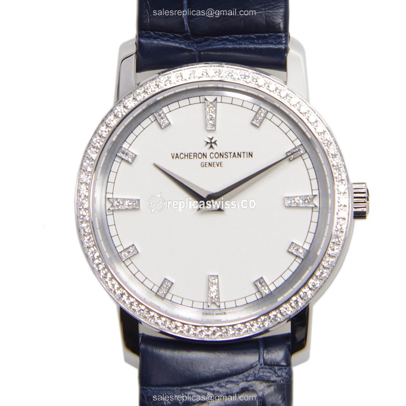 Elegant Vacheron Constantin 25558/000g-9405 Quartz Replica, 18kt White Gold Case, White Dial, Blue