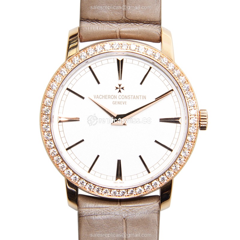Elegant Vacheron Constantin 81590/000R-9847 Traditionnelle Replica with White Dial & 18kt Rose Gold
