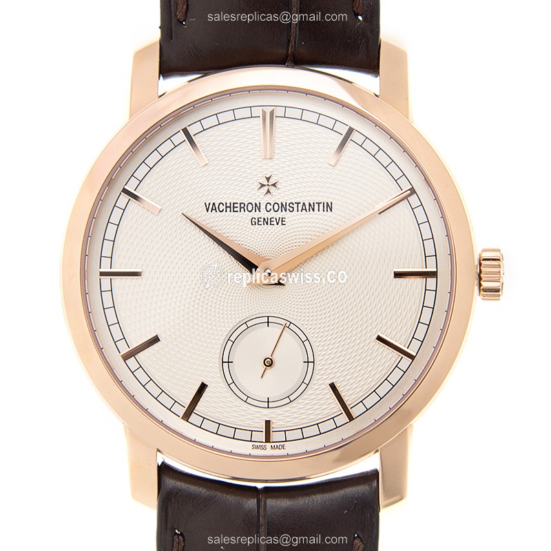 Elegant Vacheron Constantin Traditionnelle Replica in 18kt Gold with White Dial Alligator Brown