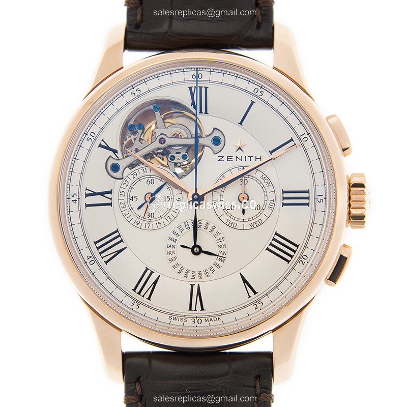 Elegant Zenith Academy Automatic Gold Watch with White Dial & Brown Alligator Strap