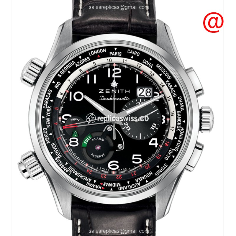 Elegant Zenith PILOTS Replica Watch in Stainless Steel, Automatic Movement, Black Dial & Alligator