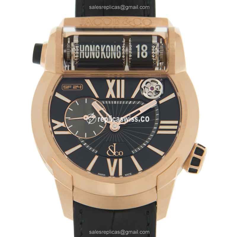 Epic SF24 Replica from Jacob & Co. | Automatic, 18kt Gold Case | Black Leather Strap Watch