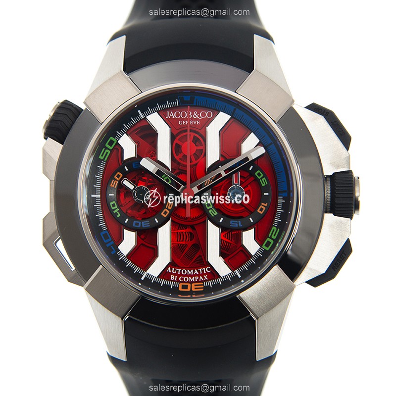 Epic X Chrono by Jacob & Co., Red Dial Automatic Replica Watch | Stainless Steel Case, Rubber Strap