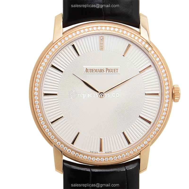Exquisite 18kt Diamond-Adorned Classic Auto Replica Watch with Silver Dial Alligator Strap