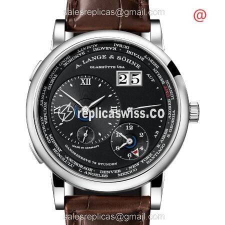 Exquisite A Lange & Sohne LANGE 1 TIME ZONE Replica in 18kt Gold Case, Black Dial, Brown