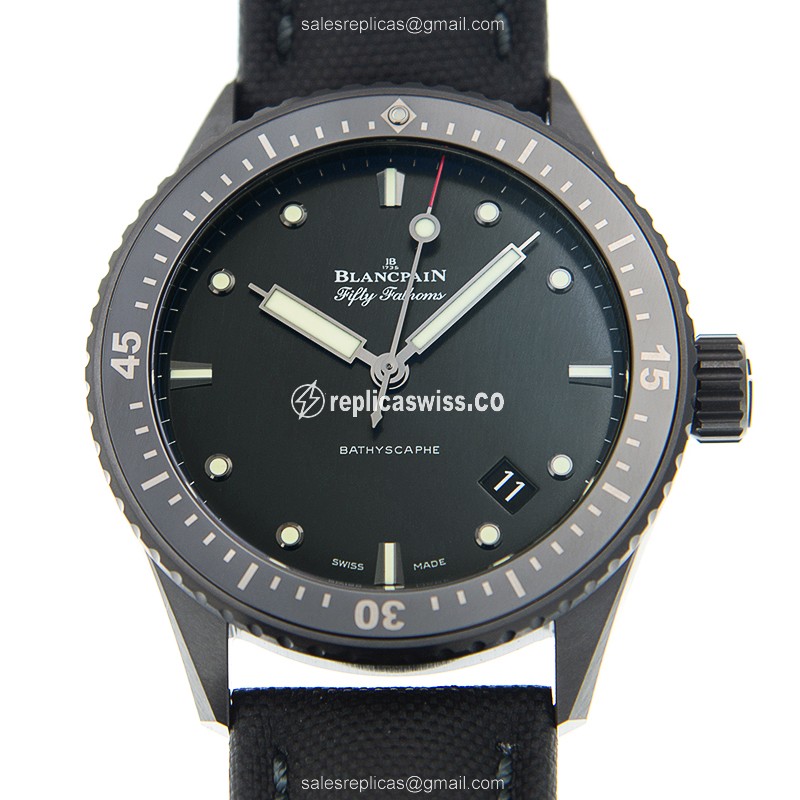 Exquisite Blancpain 5000-0130-B52A Fifty Fathoms Replica in Black Ceramic Case & Automatic Movement