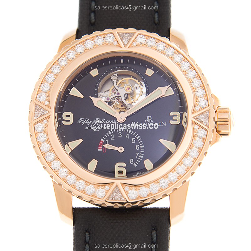 Exquisite Blancpain 5025-9530-52A Replica in 18kt Rose Gold with Black Dial Sapphire Crystal