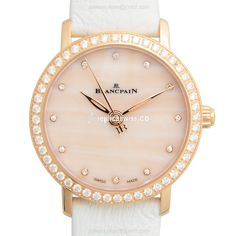Exquisite Blancpain 6102-2954-95A Replica Watch: Automatic Pink Dial on Leather, 18kt Rose Gold