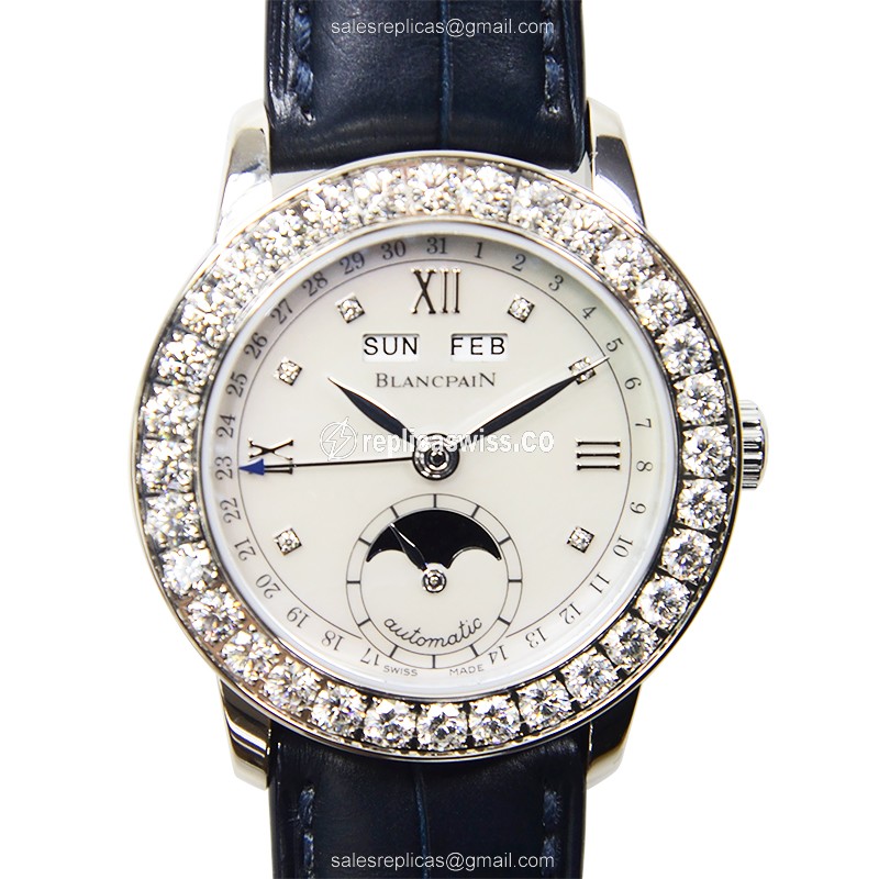 Exquisite Blancpain LEMAN Replica in 18kt White Gold, Automatic Movement, Blue Alligator Strap