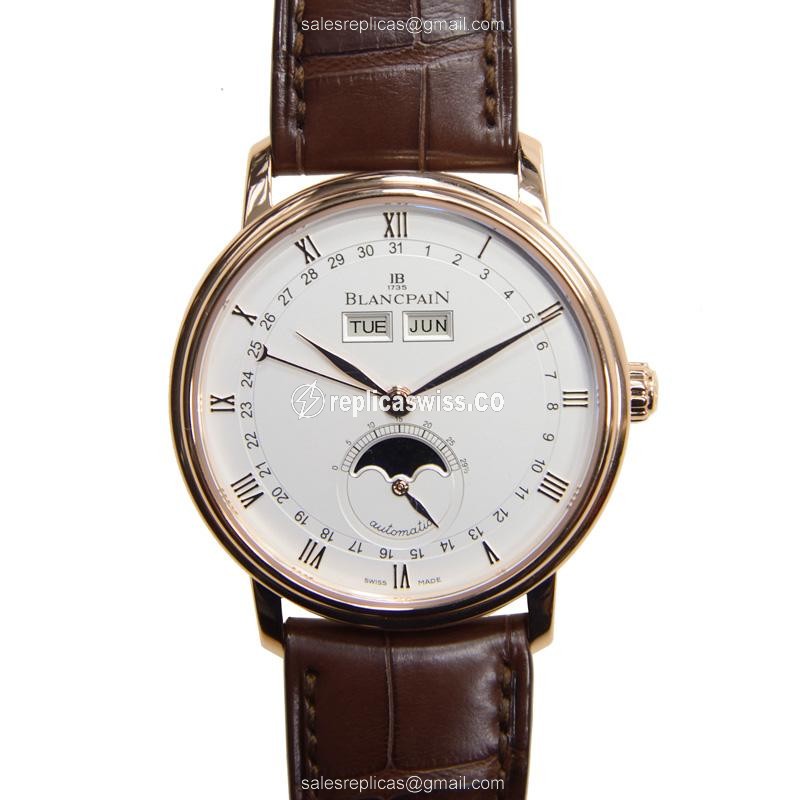 Exquisite Blancpain Villeret Replica, Automatic Movement, 18kt Rose Gold Case, White Dial & Brown