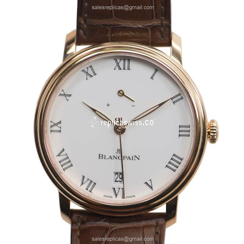 Exquisite Blancpain Villeret Replica with Manual Wind, 18kt Gold Case & White Dial, Brown Alligator