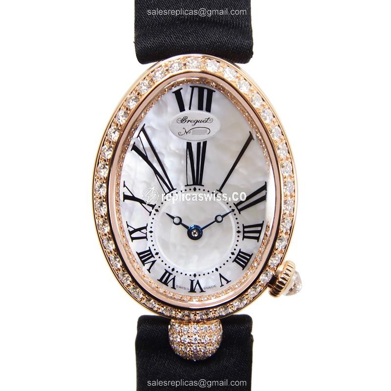 Exquisite Breguet Reine De Naples Replica in 18kt Rose Gold with White Dial Satin Black Strap