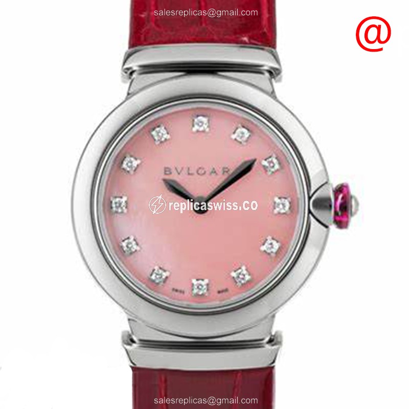 Exquisite Bulgari 102608 LVCEA Quartz Steel Replica with Pink Dial Leather Strap Watch