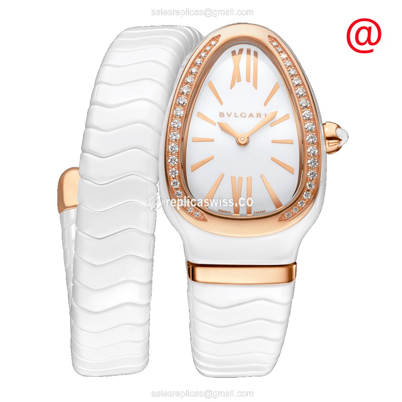 Exquisite Bulgari 102613 Serpenti Spiga Quartz Replica in White, 18kt Rose Gold Case with Diamond