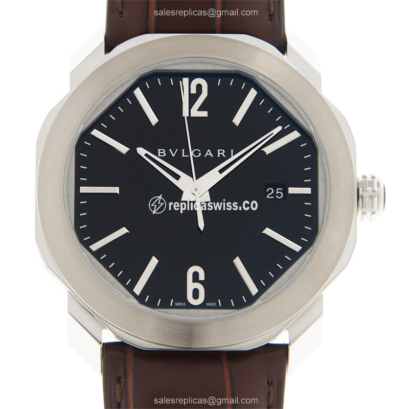 Exquisite Bulgari Octo Roma Automatic Steel Case, Brown Alligator Brown Buckle Luxury Replica Watch