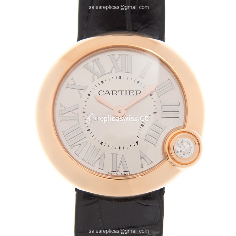 Exquisite Cartier Ballon Blanc De Cartier Replica, Silver Dial, 18kt Rose Gold Case & Leather Strap