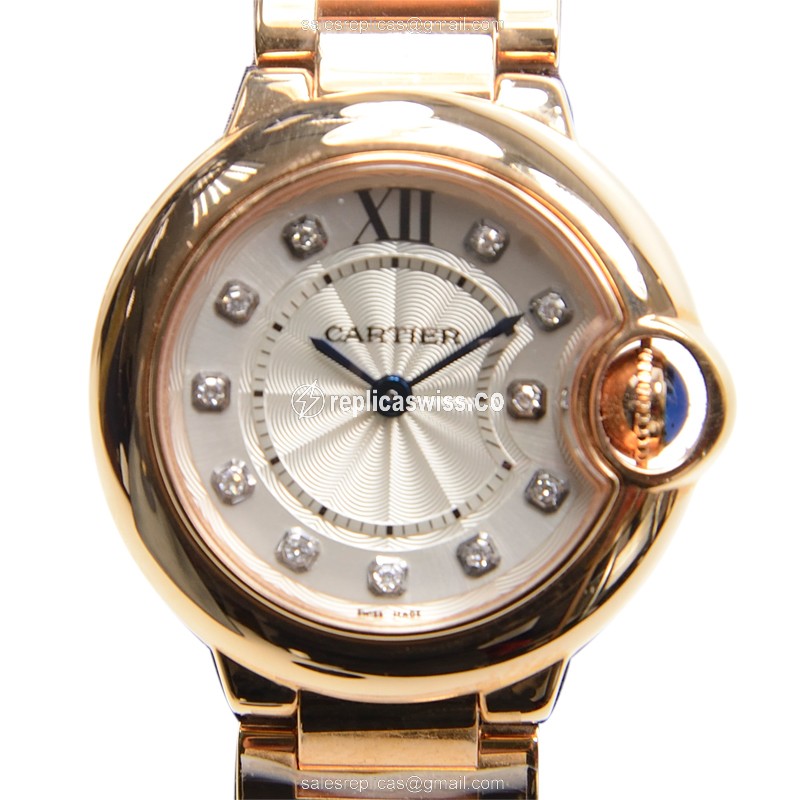 Exquisite Cartier Ballon Bleu Quartz Replica in 18kt Rose Gold, Silver Dial & Gold Bracelet Watch