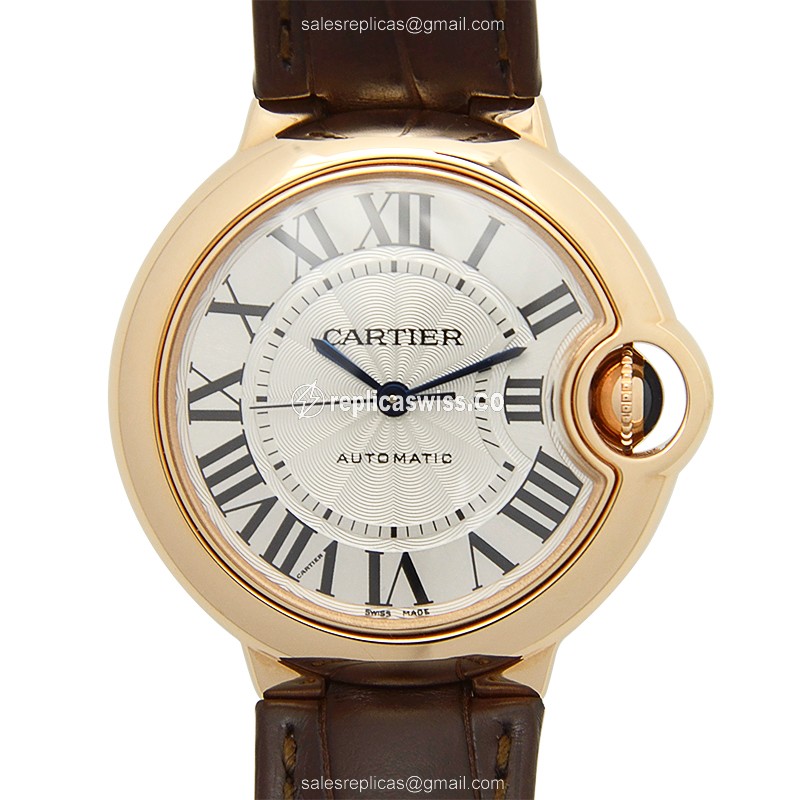 Exquisite Cartier Ballon Bleu Replica in 18kt Gold, Automatic Movement, Silver Dial & Alligator