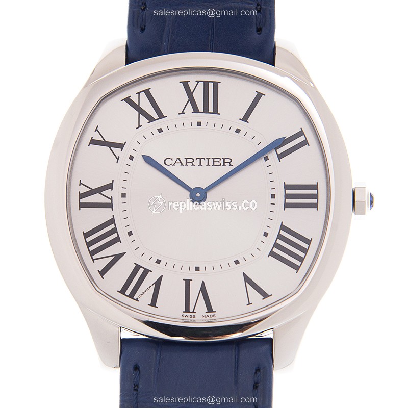 Exquisite Cartier Drive De Cartier Manual Wind Replica with Silver Dial & Blue Alligator Strap Watch