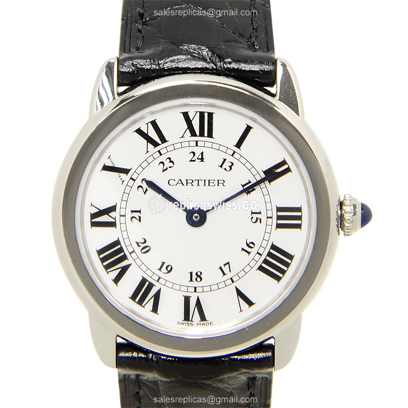 Exquisite Cartier RONDE SOLO De CARTIER Quartz Steel Replica with Silver Dial & Black Alligator
