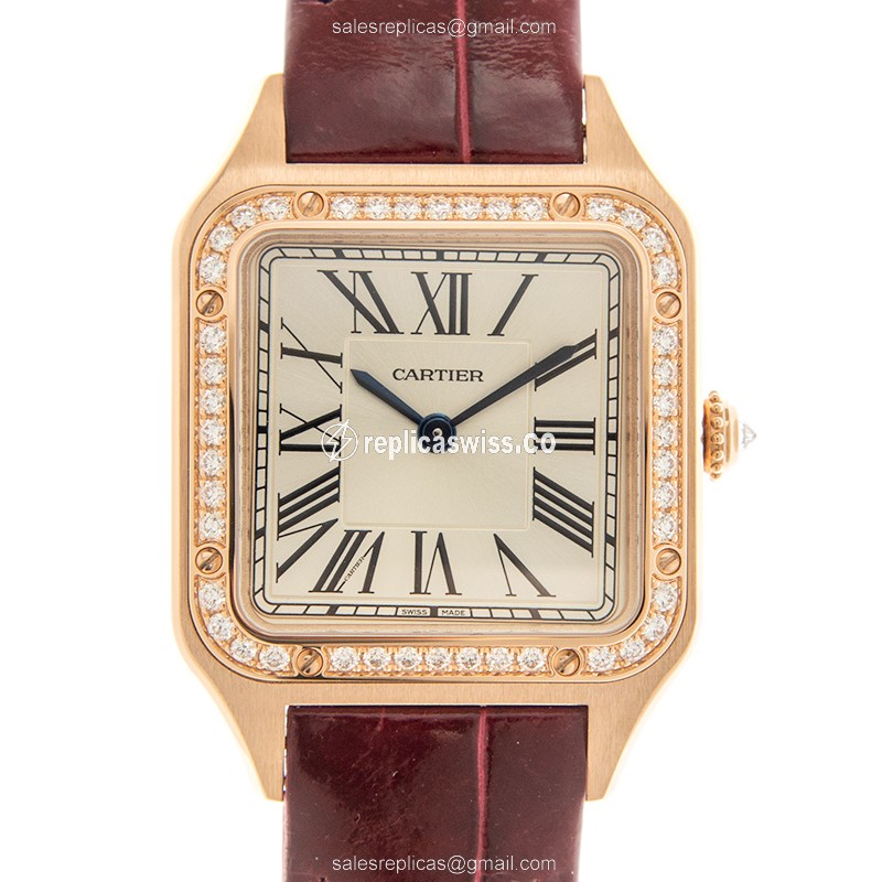 Exquisite Cartier Santos Quartz Replica in 18kt Rose Gold with Diamond Accents Silver Dial Watch