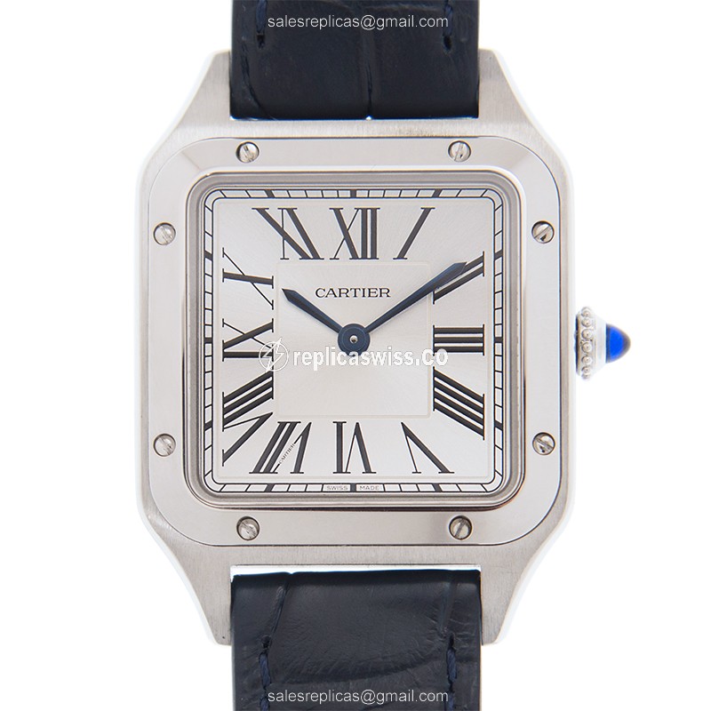 Exquisite Cartier Santos Quartz Replica with Silver Dial & Blue Alligator Strap Watch