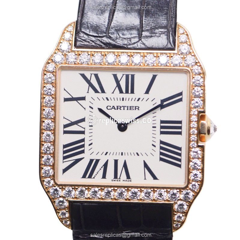 Exquisite Cartier Santos Replica in 18kt Rose Gold & Diamond Case, Manual Wind Movement, White