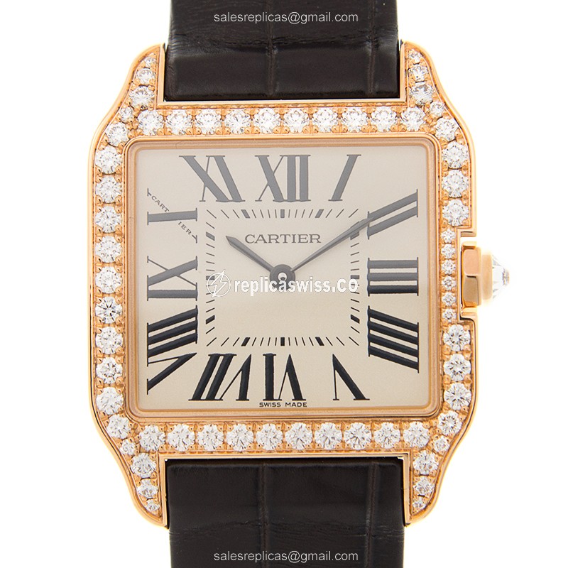 Exquisite Cartier Santos WH100351 Quartz Replica, White Dial, 18kt Rose Gold Case & Brown Alligator