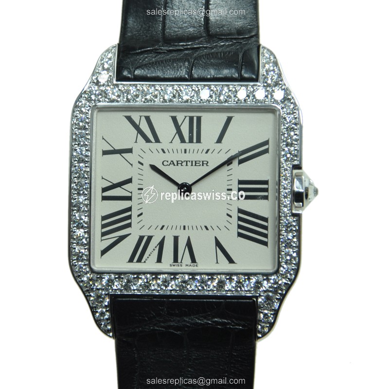 Exquisite Cartier Santos WH100651 Replica in 18kt White Gold with Diamond Accents White Dial
