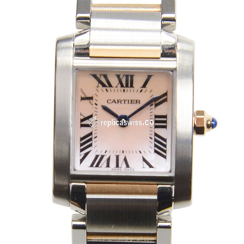 Exquisite Cartier Tank W51027Q4 Replica with Pink Dial 18kt Gold Steel Strap Watch