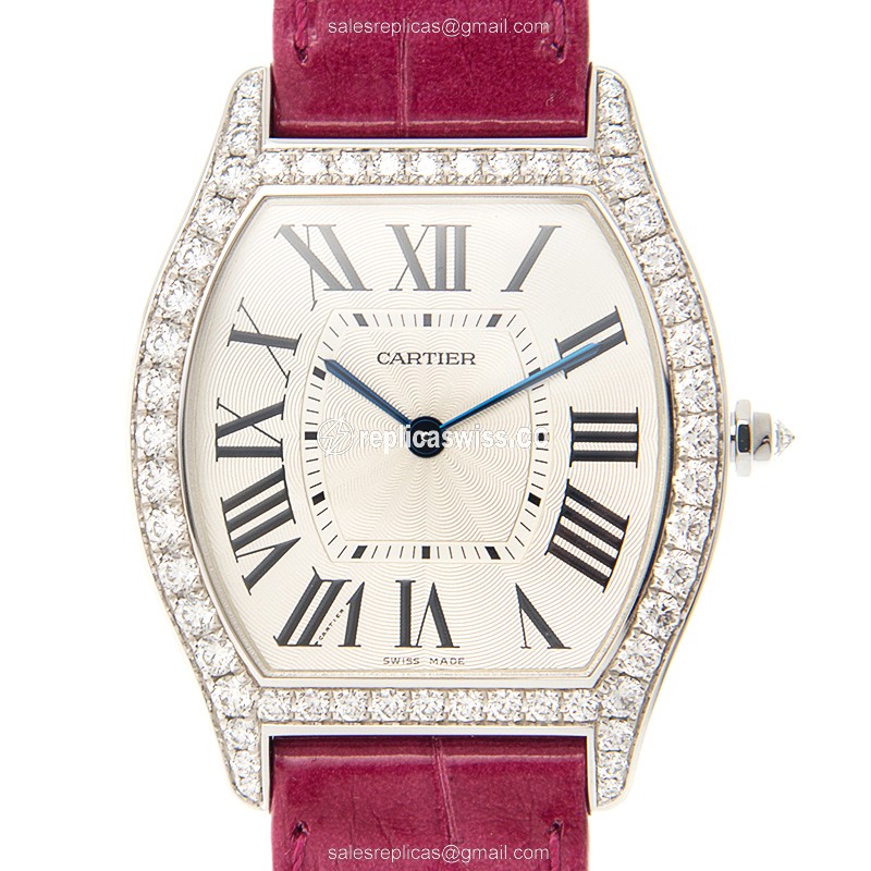 Exquisite Cartier Tortue Replica in 18kt White Gold, Manual Wind, Silver Dial & Alligator Strap