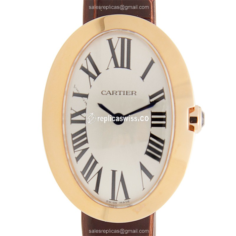 Exquisite Cartier W8000007 BAIGNOIRE Replica Watch | Silver Dial, 18kt Rose Gold Case, Alligator