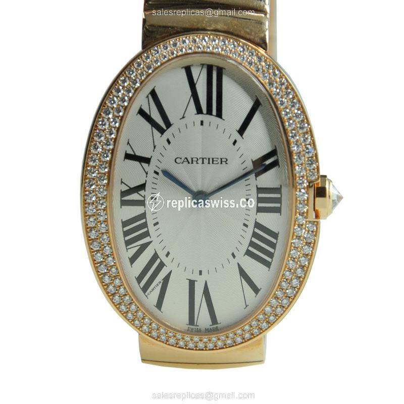 Exquisite Cartier WB520003 Baignoire Replica in 18kt Gold & Diamond Case, Silver Dial, Gold Band