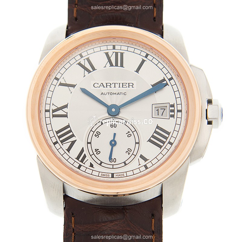 Exquisite Cartier WSCA0002 Replica with Automatic Movement & Silver Dial on Brown Alligator Strap