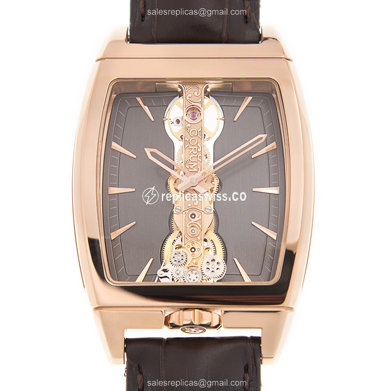 Exquisite Corum 113.150.55/0002 Golden Bridge Replica, Manual Wind, 18kt Rose Gold Case with Gray