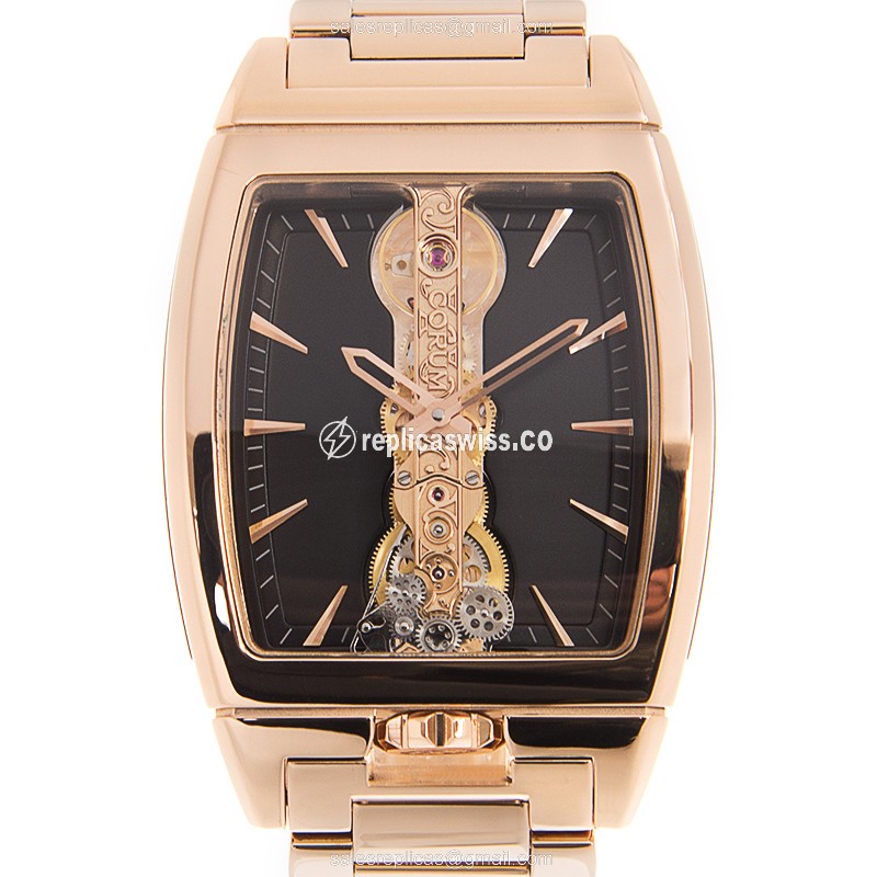 Exquisite Corum 113.150.55/V100 Golden Bridge Replica in 18kt Gold, Automatic Movement & Skull Dial