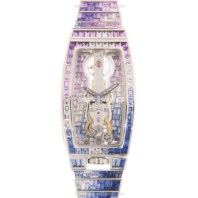 Exquisite Corum 113.223.69/V603 Golden Bridge Replica, 18kt White Gold Case, Diamond Dial & Clasp