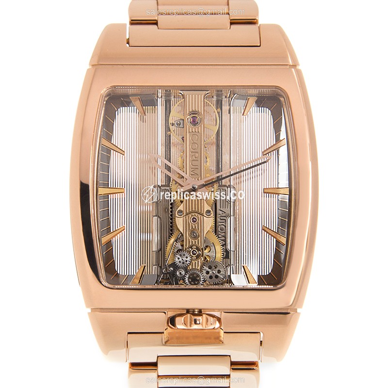 Exquisite Corum 313.165.55 Golden Bridge Replica in 18kt Rose Gold with Automatic Movement and