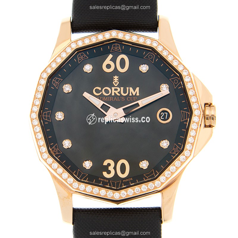 Exquisite Corum Admiral Cup Replica in 18kt Rose Gold & Black Crystal, Automatic Movement Watch