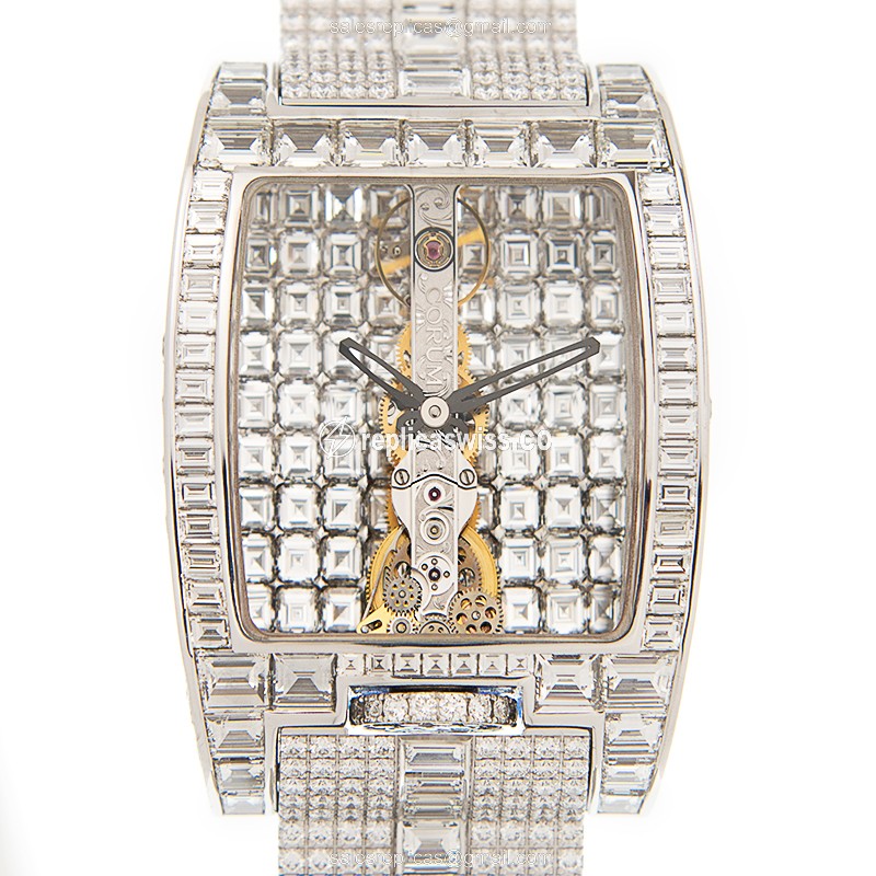 Exquisite Corum BRIDGE Manual Wind Replica in 18kt White Gold & Diamond, Silver Dial & Clasp Watch