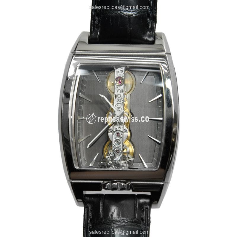 Exquisite Corum FK01 Bridge Replica, Manual Wind, Dark Grey Dial in 18kt Gold Case & Black