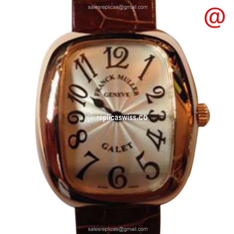 Exquisite Franck Muller 3002 M QZ GALET Quartz Replica in 18kt Rose Gold, Silver Dial & Leather