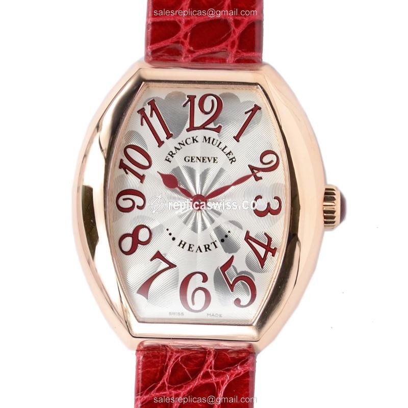 Exquisite Franck Muller 5002 M QZ Quartz Replica in 18kt Rose Gold, Silver Dial, Red Alligator